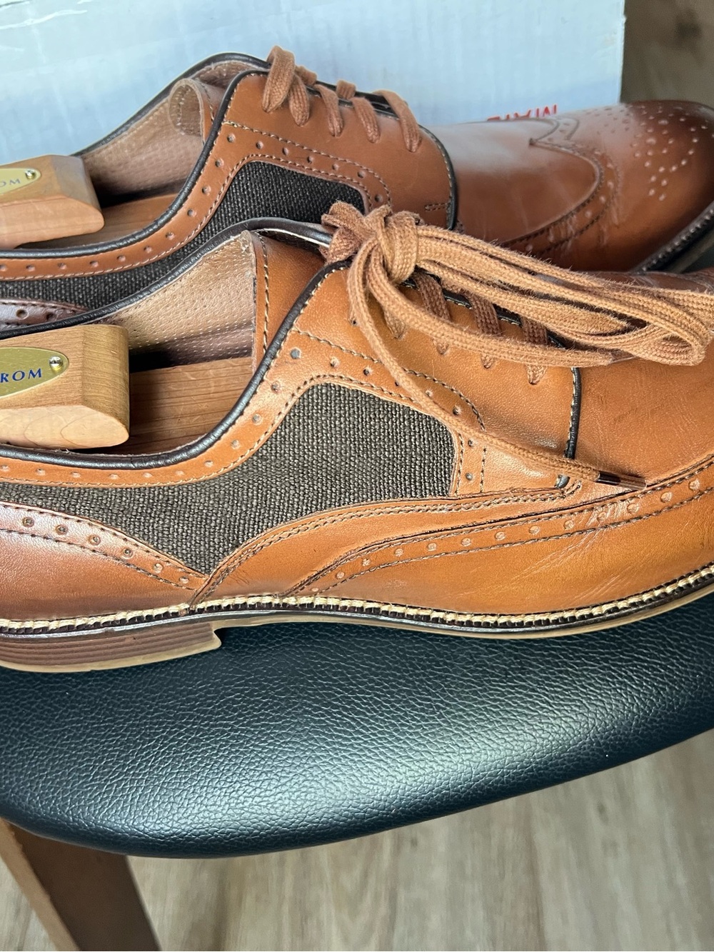 Johnston & Murphy 1850 Grayson Wingtip Oxford Mixed Media Tan Linen Men's 11.5 M - Picture 5 of 16